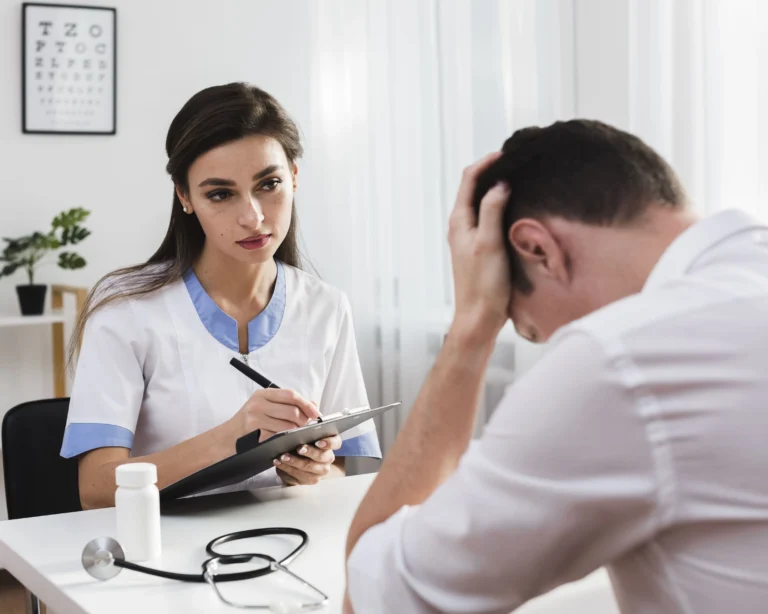 Uma médica jovem, com expressão atenciosa e empática, olha para um paciente que está de costas, com a cabeça apoiada nas mãos em um gesto de desânimo ou preocupação. A médica segura uma prancheta e uma caneta sobre uma mesa branca, onde também estão um estetoscópio e um frasco de medicamento. O ambiente é um consultório médico iluminado e profissional.
