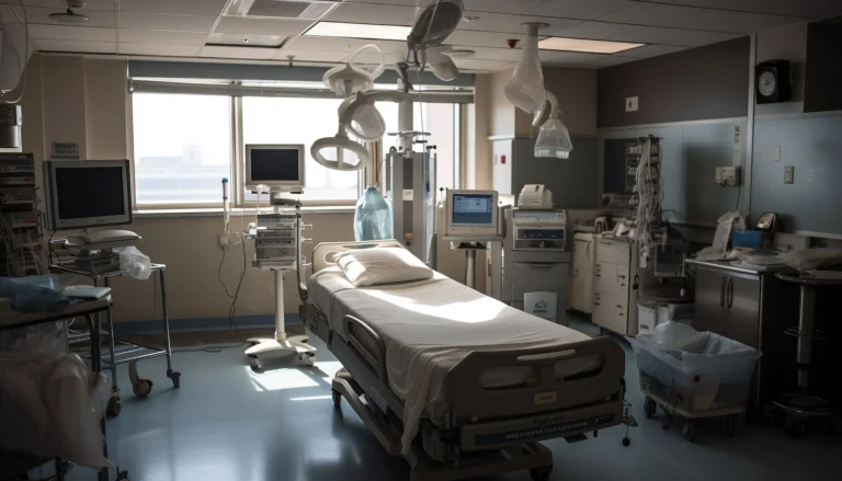 Quarto de hospital moderno e equipado, contendo uma maca articulada vazia com travesseiro no centro. Ao redor da cama, há diversos equipamentos eletromédicos com monitores, suportes de soro, luminárias cirúrgicas acopladas ao teto, armários de inox e uma janela ao fundo que ilumina o ambiente.