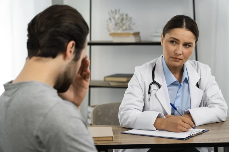 Uma médica e um paciente estão sentados de frente um para o outro em um escritório, discutindo o tratamento de braquiterapia. A médica, com um estetoscópio e segurando uma caneta, ouve atentamente enquanto o paciente, de costas para a câmera, gesticula com a mão. Livros e uma escultura de coral decoram as prateleiras de fundo.